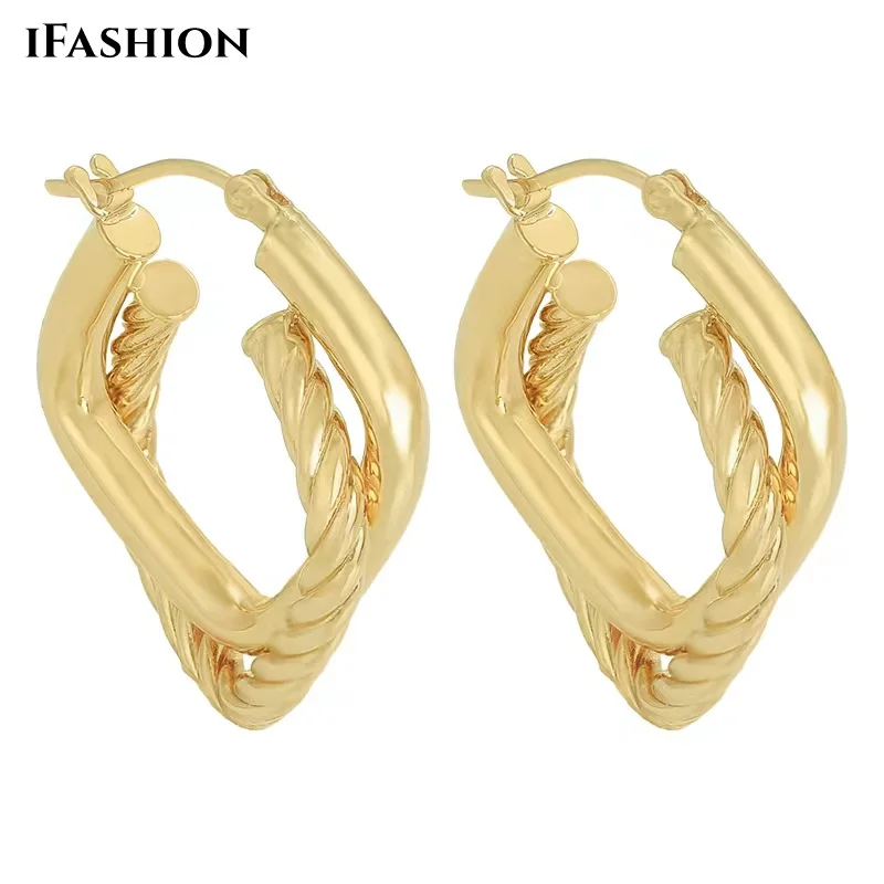 

IFASHION Real 18K Gold Hoop Earrings Pure AU750 Twisted Flower Square Bilayer Twine Vintage Earrings Fine Jewelry Gift for Women