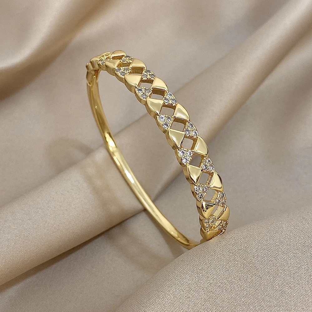 Elegant Zircon Geometric Stackable Cuff Bangle with Rhinestone Charms