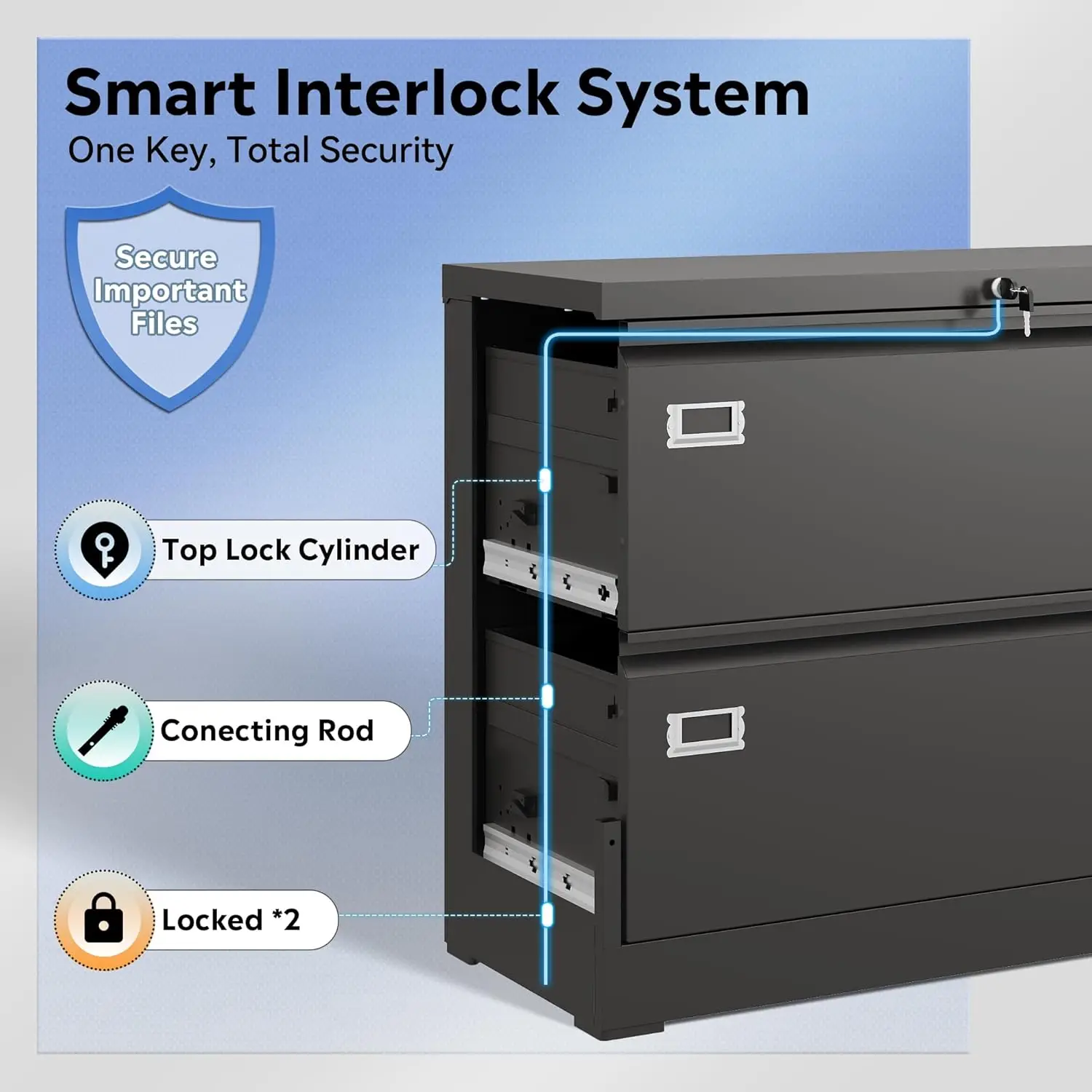 Metal Lateral File Cabinet with Lock, 2 Drawer Filing Cabinets for Home Office, Wide Storage Organization