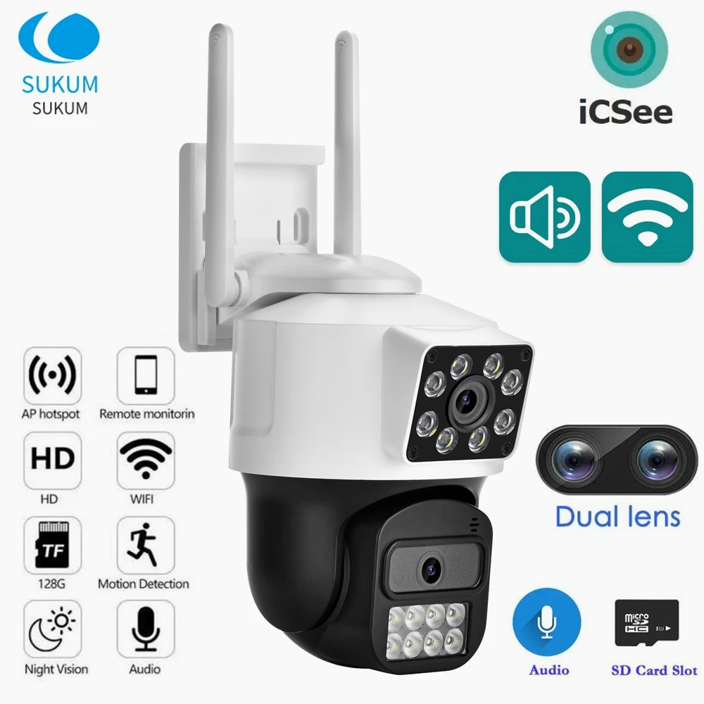 4MP Dual Lens Dual Screen ICSee WIFI IP Camera Outdoor Color Night Vision Waterproof Speed Dome Security CCTV Camera