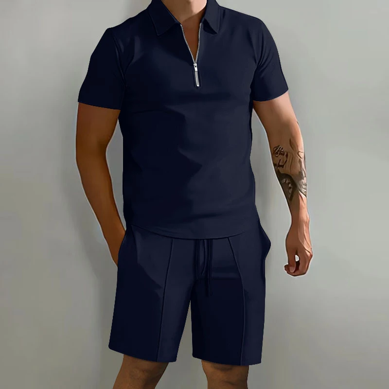 Summer New Solid Color Men's Sets High Street POLO Collar Short Sleeve Zip Fastener Pullovers Elastic Waist Pockets Y2K Shorts