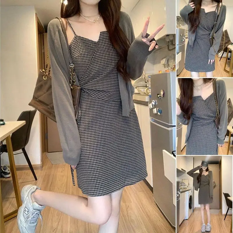 

Spring Hong Kong style imperial sister light mature French first love gentle department plaid halter dress two-piece female