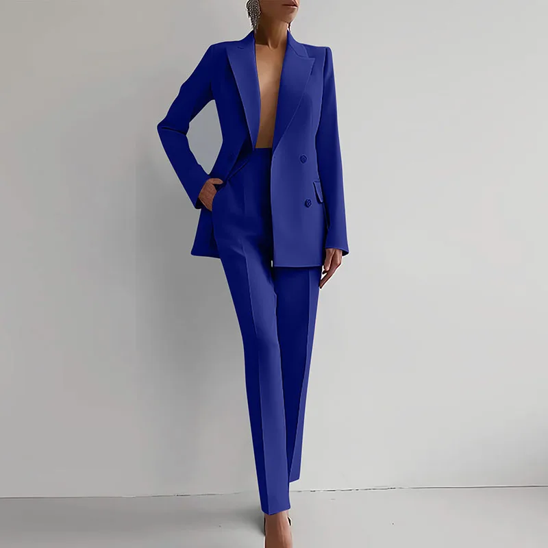 Elegant Commuter Career Outfits Fashion Lapel Collar Button Blazer & Pencil Pants Sets Women Casual Long Sleeve Solid 2Pc Suits