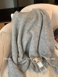2023 Women Autumn Winter Cashmere Grey Cotton Knitwear Jumper O-Neck Loose Long Sleeve Vintage Knitted Pullover Korean Fashion