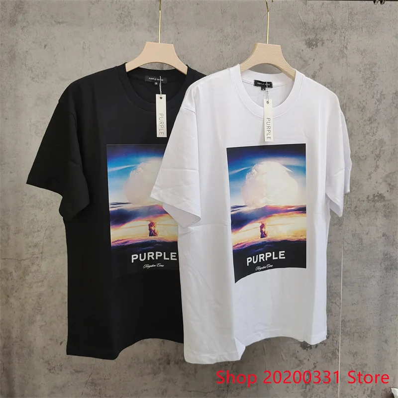 

Purple brand T-shirt made of pure cotton fabric, mushroom cloud print, loose casual T-shirt for men and women