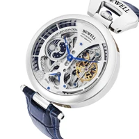 Montre mécanique automatique étanche haut de gamme, avec bracelet en cuir véritable et coque arrière transparente en acier inoxydable 2