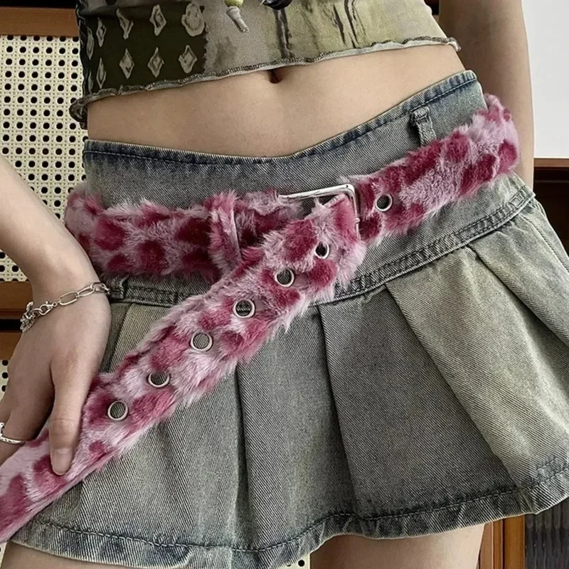 Pink Polka Dot Leopard Print Plush Belt Subculture Y2k Millennium Harajuku Spicy Girls Waistband Vintage Fashion Accessory Belt
