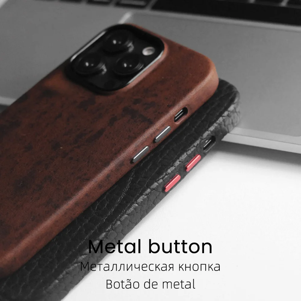 YMW Magnetic Rough Genuine Leather Case for iPhone 14 Pro Max Wild Business Natural Cowhide Phone Cases Back Cover