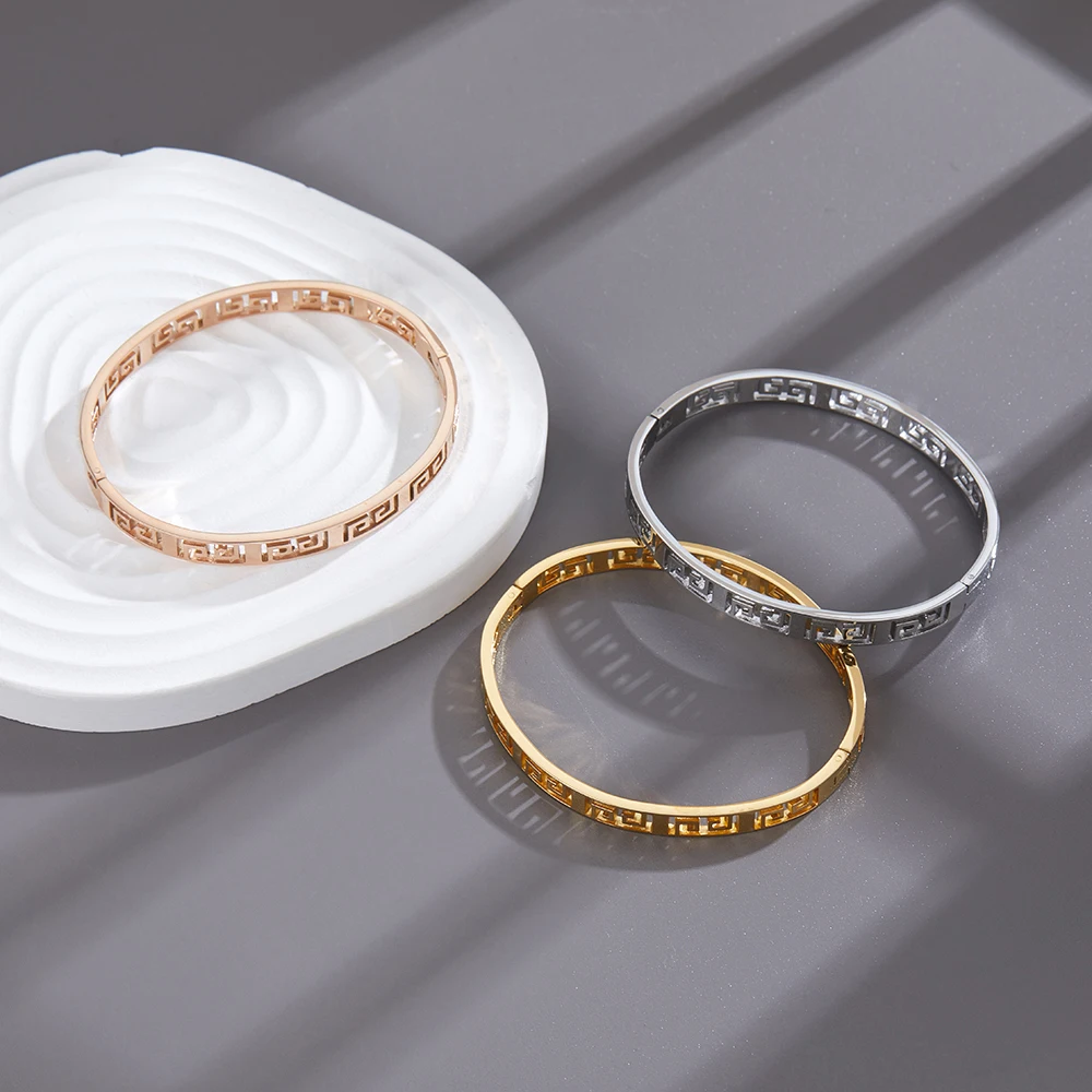 Simple Stainless Steel Hollow Bracelet for Women Luxury Hand Carved Patterns Bracelet Bangle Party Jewelry Gift