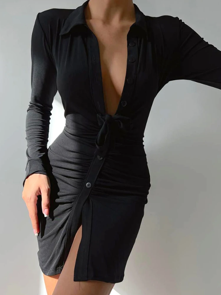 

Women Turn-down Collar Ruched Tied Detail Shirt Dress