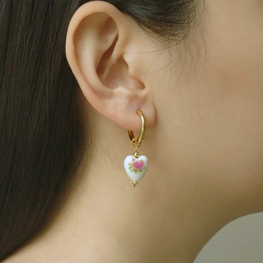 Handmade Geometric Heart Porcelain Earring Lady's Vintage Stainless Steel Hoops Ceramic Dangle Earrings Brincos for Women