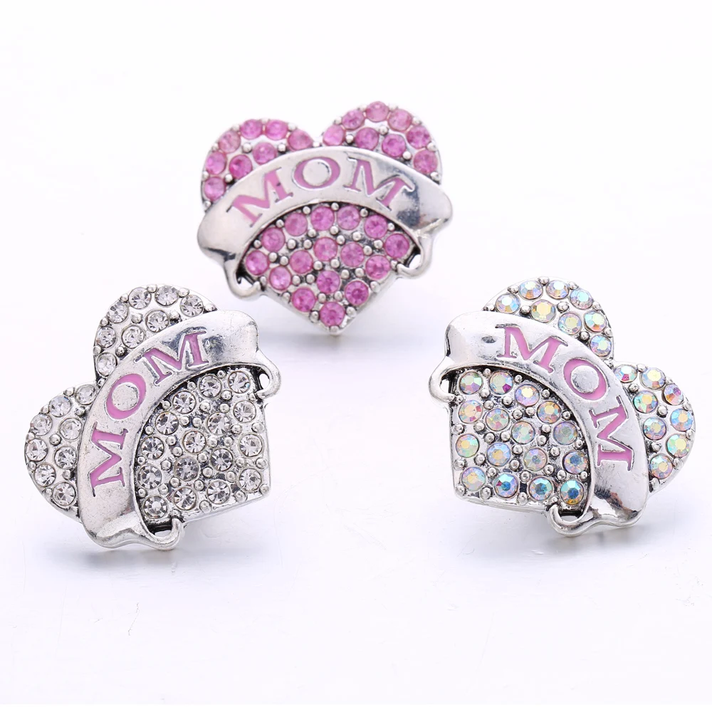 20pcs Metal Crystal MOM Love Heart  Snap Button Fit 18mm Snap Button Bracelet Necklace Charm Jewelry