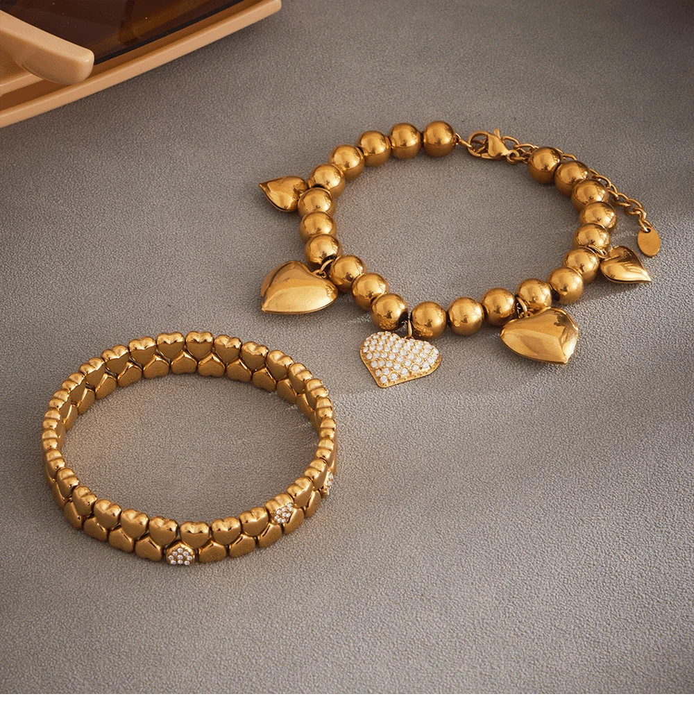 Goldfarbenes, herzförmiges Silberarmband für Damen, 316L-Edelstahl, 18 Karat vergoldete Kette, Perlen-Zirkon-Armband, Schmuck – Detail 11