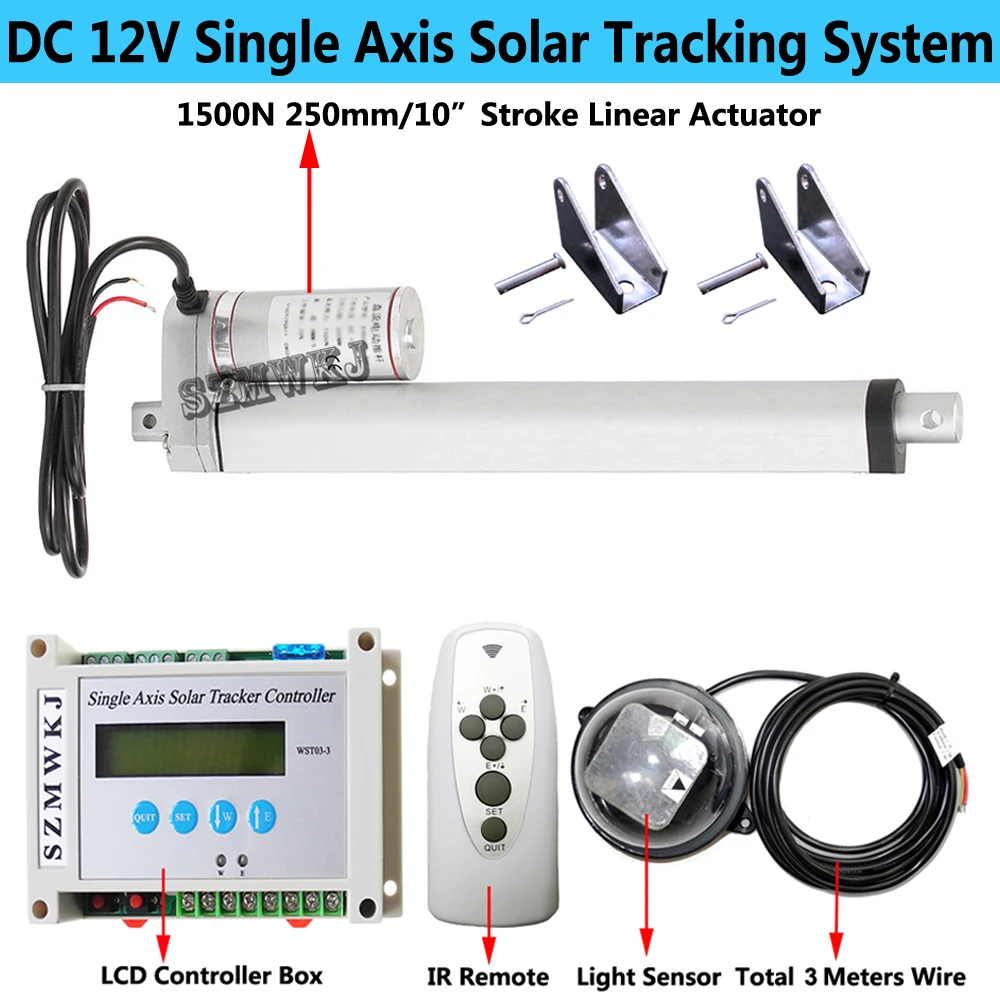 LCD Complete 1KW Sunlight Track Solar Tracker Electronic Single Axis Solar Tracking System & 1500N 10" Linear Actuator 12V Motor