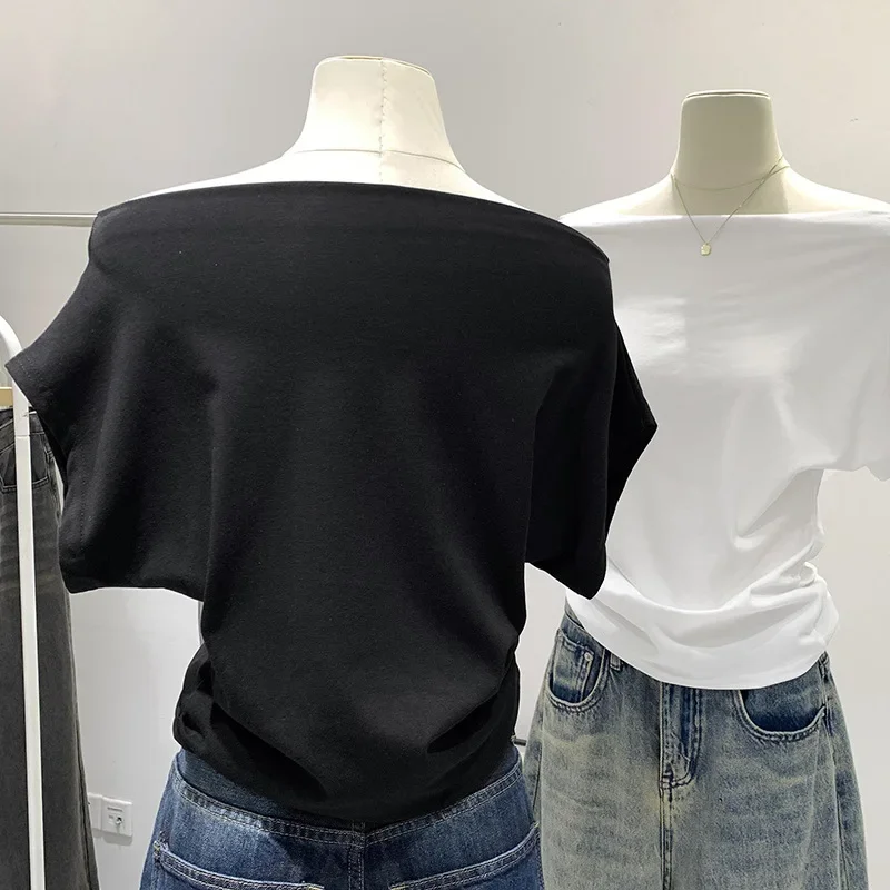 Off-shoulder Drape Short Sleeve T-shirt Women's Summer 2024 New Style Cropped Waist-fitted Drawstring Top Stylish Casual Wear 3