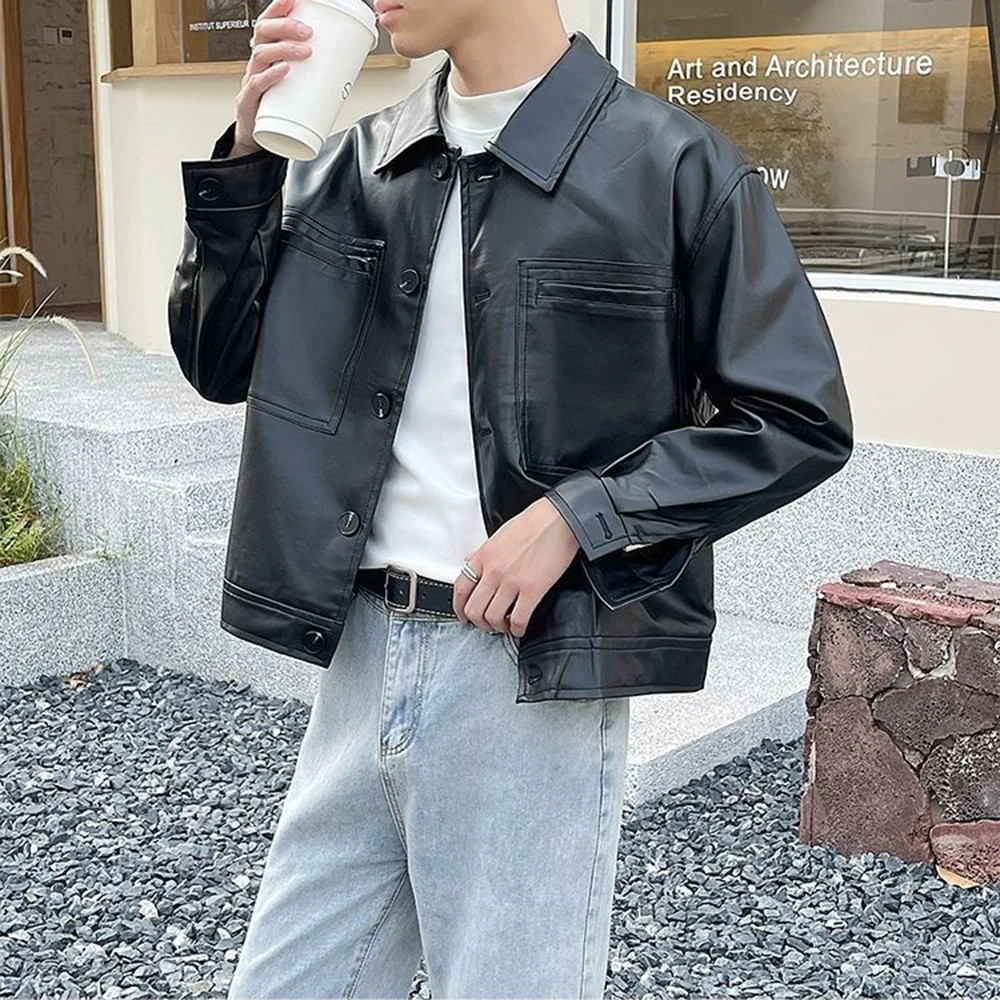 Giacca in pelle da uomo autunno moda Y2k tendenza tinta unita risvolto casual corta giacca da motociclista in pelle da strada americana da uomo 3