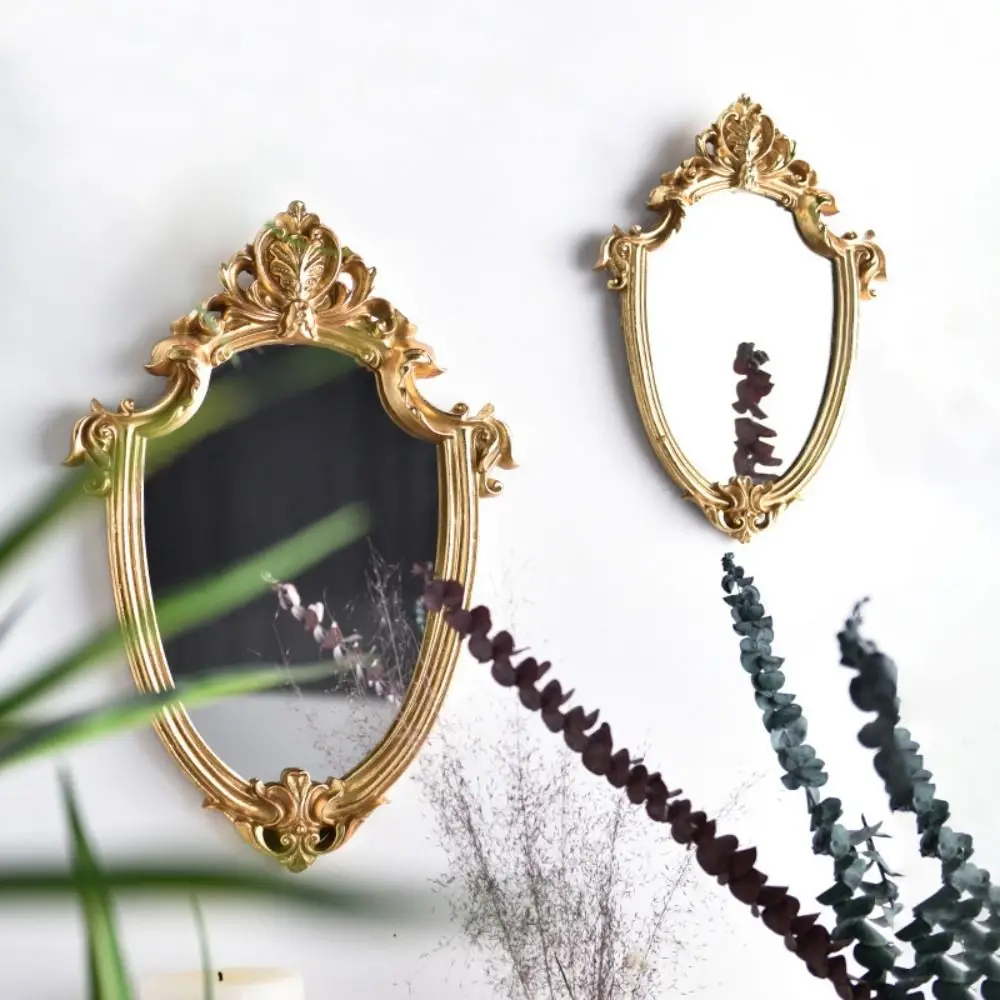 

Elliptical Shape Embossed Hanging mirror Art Craft Nordic Gold Frame Mirror Vintage Golden Elliptical Wall-mounted Mirror