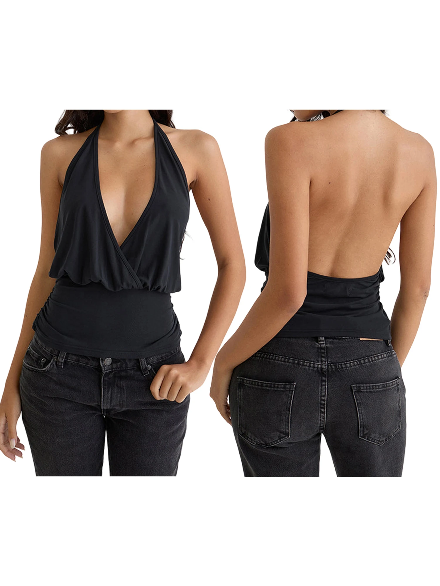 Elegant Women s Sleeveless Halter Top with Ruched Detailing and Backless Design for a  Fit and Stylish Look