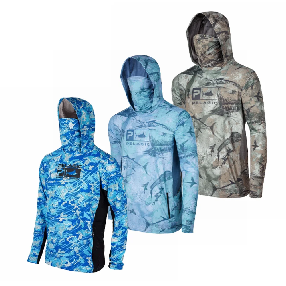 Pelagic Fishing Shirt UPF 50+ Hooded Fishing Clothes Men Face Cover Hoodie  Sun Protection Mask Jersey Breathable Camisa De Pesca
