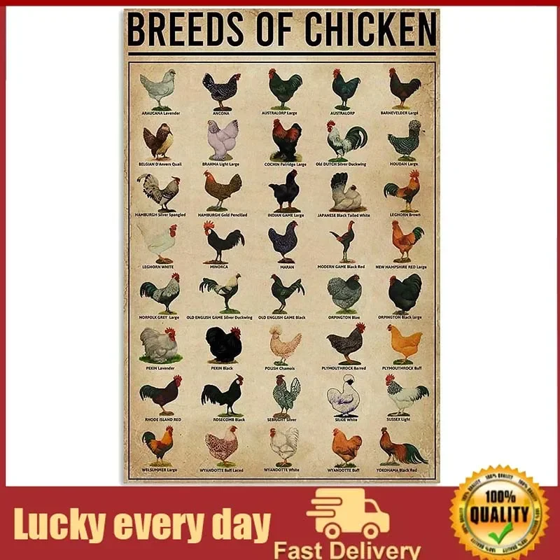 

Breeds of Chickens Poster Vintage Metal Tin Signs Coffee Shop Rooster Iron Painting Retro Novelty Funny Bar Pub Restaurant