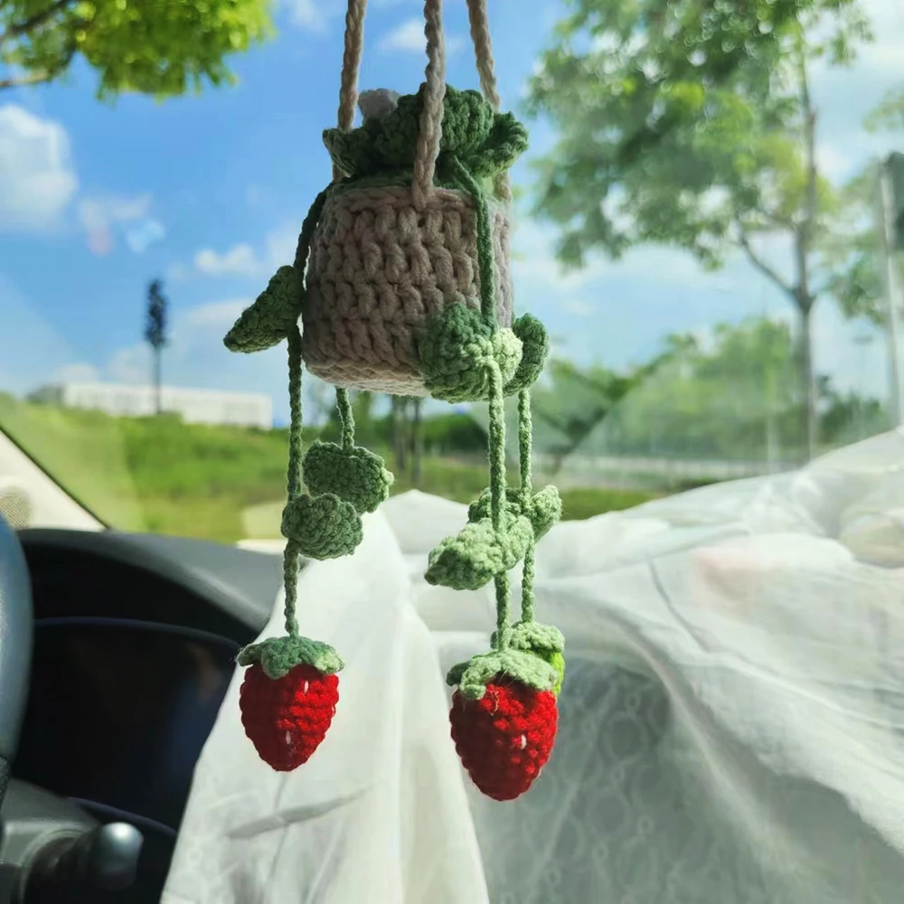 

Handmade Crochet Strawberry Plant Car Interior Hanging Car Accessories For Women Succulent Car Rarview Mirror Decoration Accesso