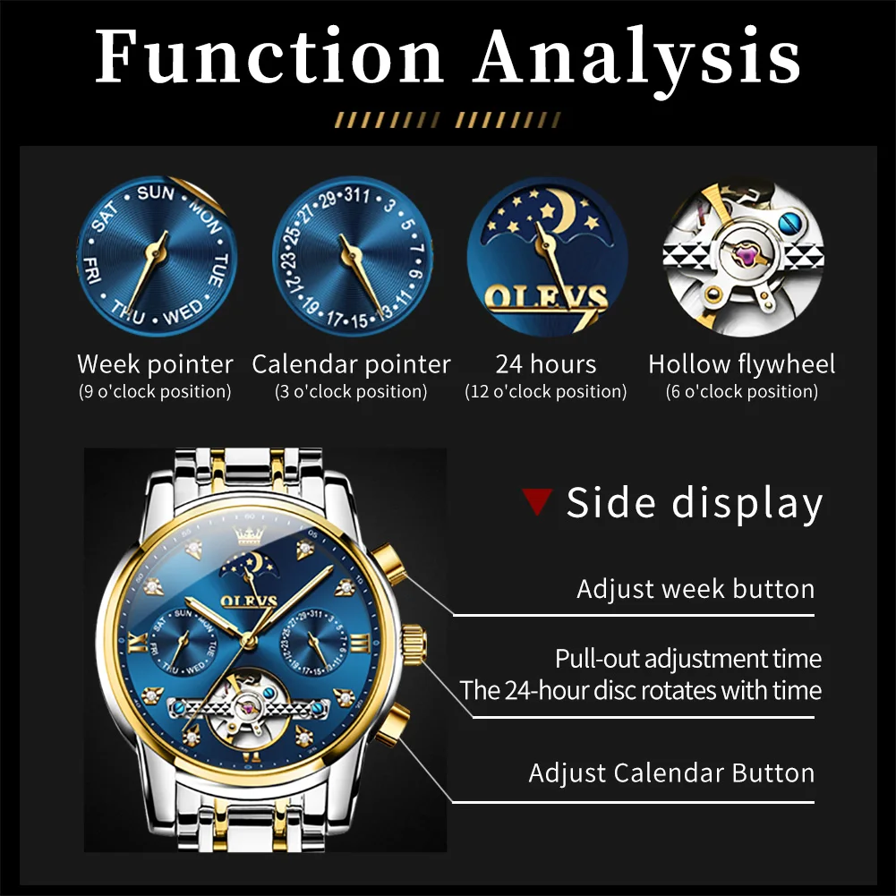 OLEVS 6678 Automatic Men's Watch Luxury Moonswatch Mechanical Watch For Men Top Brand Waterproof Hollow Skeleton Man Wristwatch