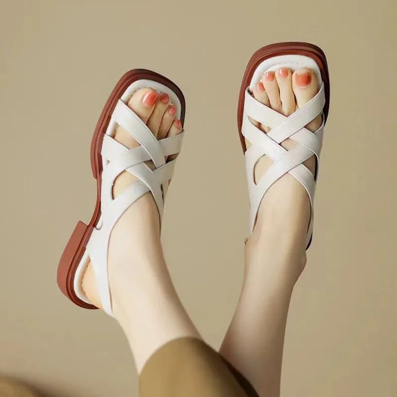 Retro Woven Rubber Sandals for Women Low Heel Square Toe