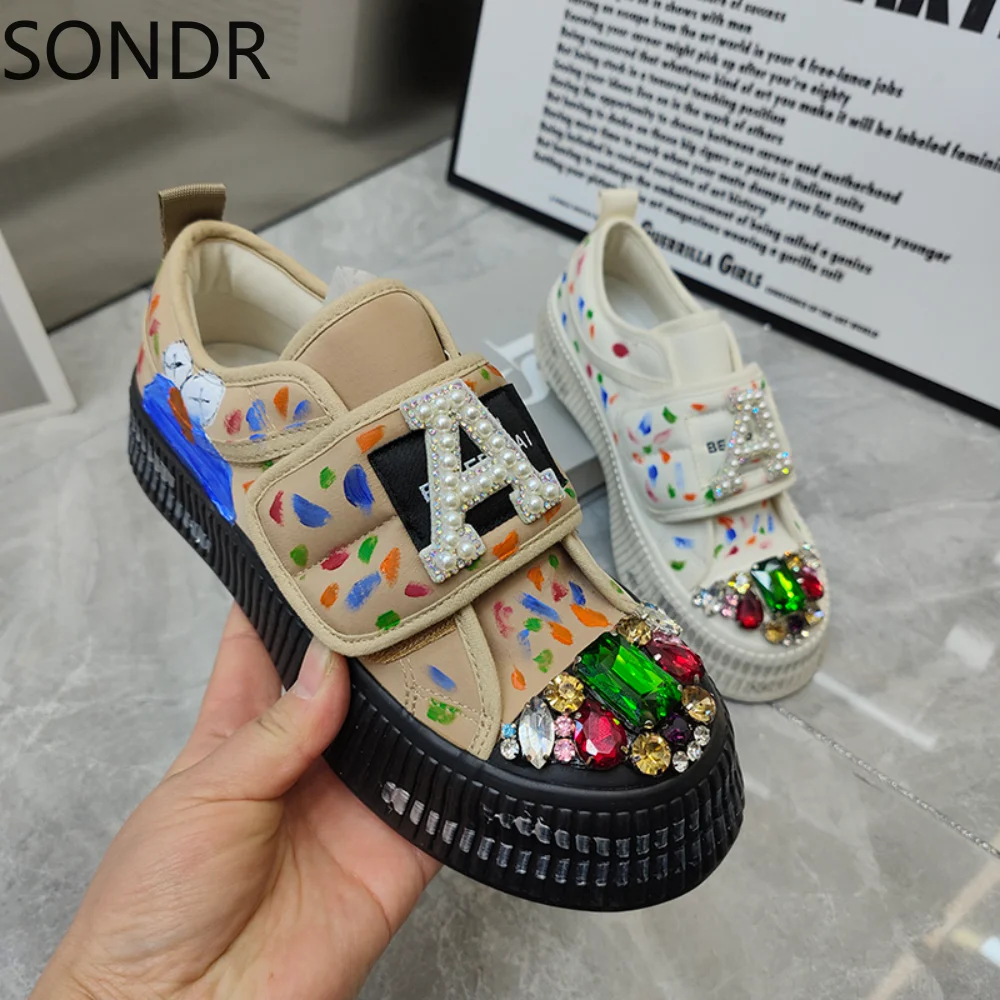 

Womens Sneakers Round Toe Canvas Rainbow Colors Rhinestones Crystal Diamond Flats Loafer Printed Slip On Shoes Oxfords