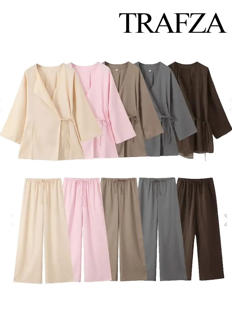 TRAFZA Women's Summer Fashion Linen Solid Color Shirt Set Belted Cardigan Kimono Top + High Waist Women's Pleated Pants 2-piece 6
