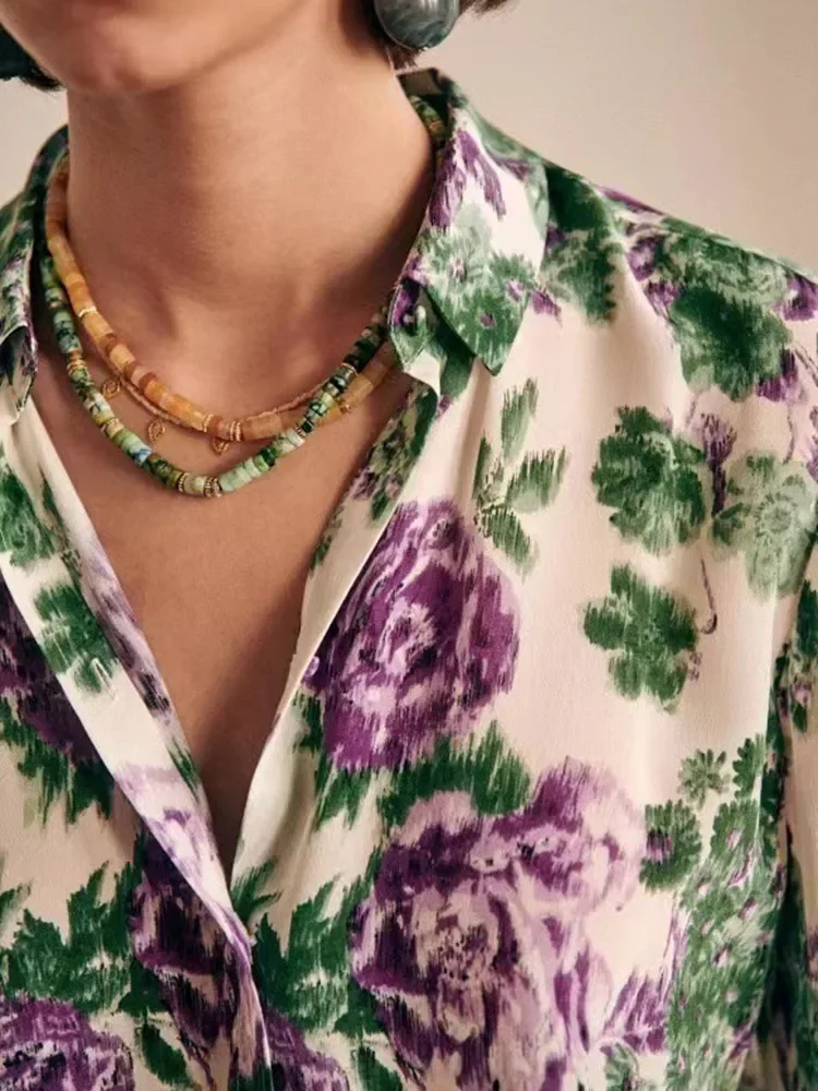 

100% Silk Flower Print Blouse Tops For Women Summer Turn-Down Collar Single Breasted Casual Shirt