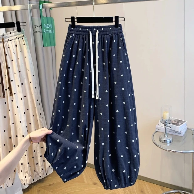 2026 summer cotton linen polka dot trousers Women's Loose Wide leg versatile nine point Harem Pants Korean version Lantern Pants 4