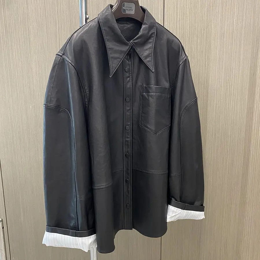 

Modern High Street All Plant Tanned Stripe Cuff Shirt Leather Coat Loose Long sleeved Pure Sheepskin Leather Coat European Goods