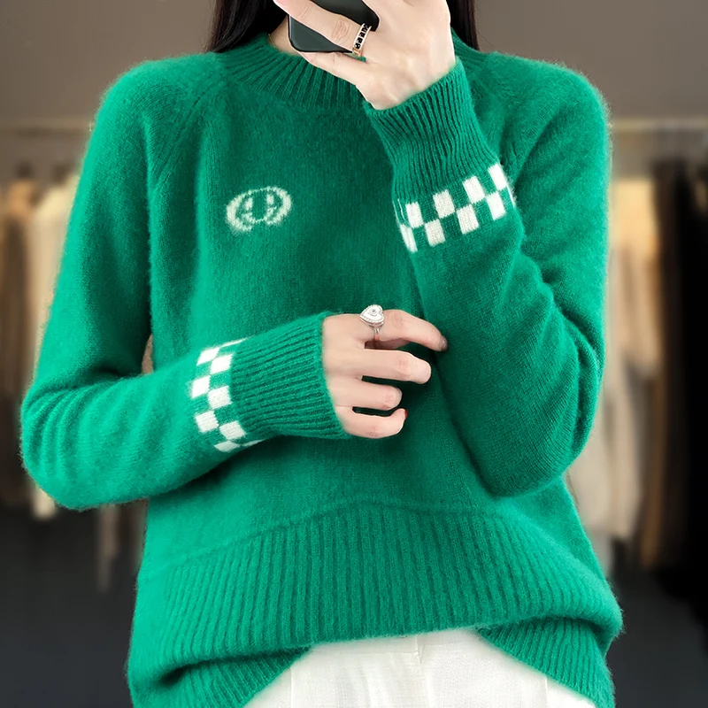 

100% Wool Cashmere Sweater Women's Half High Neck Knitted Pullover Thickened Embroidery Korean Fashion Long Sleeve Casual Top