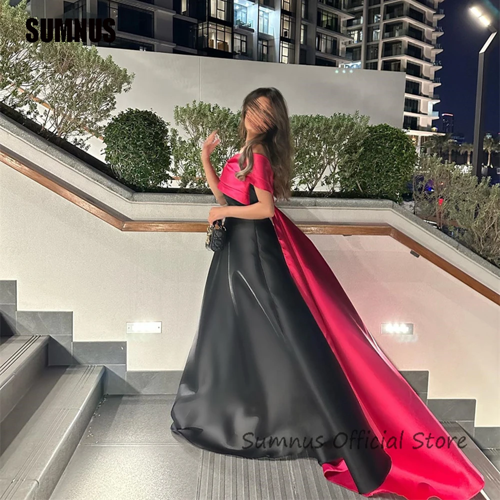 

SUMNUS Black/Pink Arabic A Line Prom Dresses Off Shoulder Evening Party Dress Satin Dubai Formal Occasion Gowns Robe De Soirée