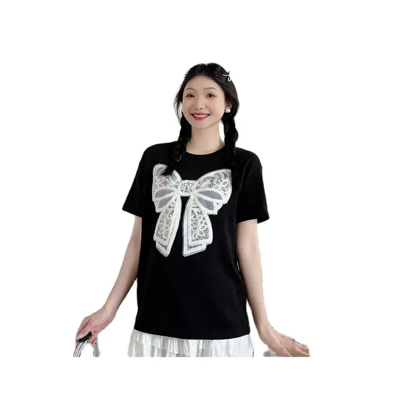 Summer Maternity Clothes Set Short Sleeve Black T-shirt with Large Bowknot Lace Belly Skirts Twinset Pregnant Woman Skirt Suits