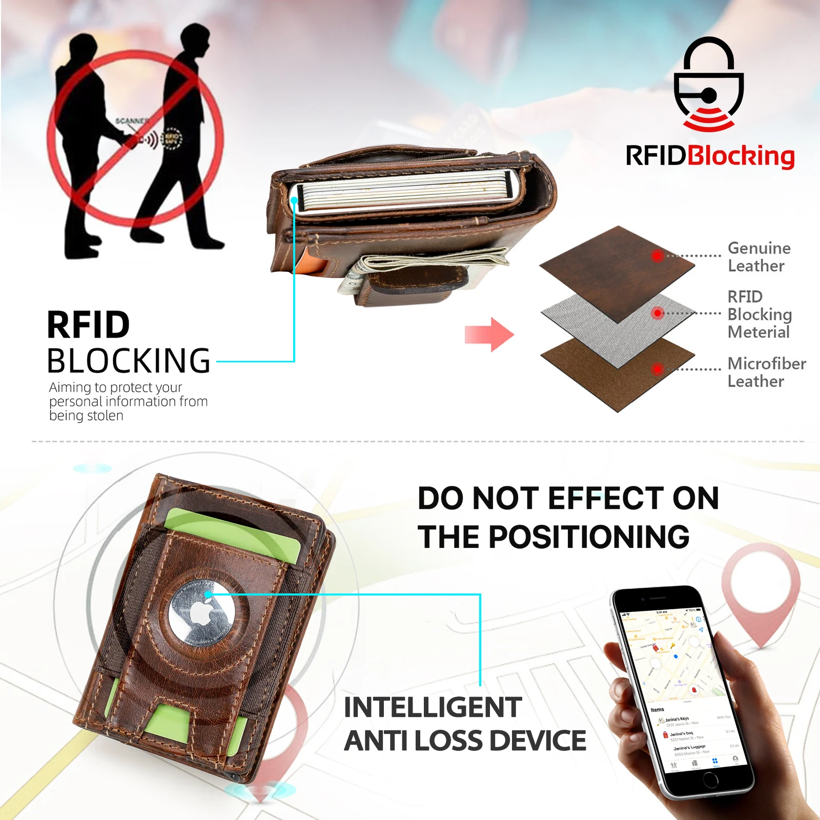 CONTACT'S Genuine Leather Card Holder for Men Short Purse Mini Leather Wallet FRID Anti-Theft Card Bag Airtag Wallets
