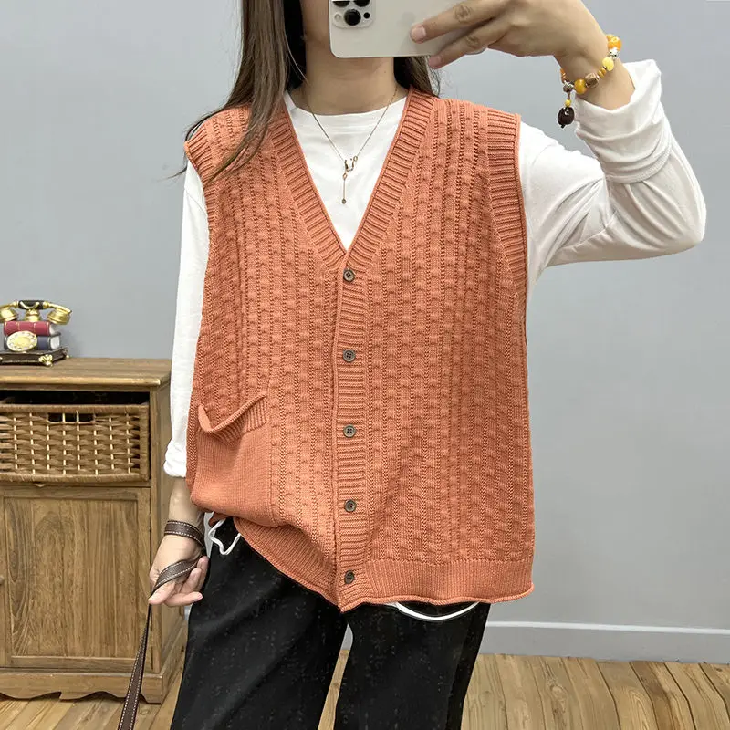 

2023 Spring Literary And Artistic Loose Vrsatile Sleeveless Knitted Cardigan Vest Women's V-Neck Waistcoat Jacket Trend Top Z232