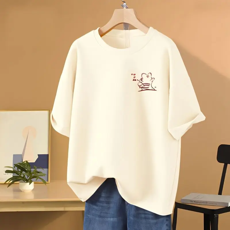 

Women's Lovely Cartoon Versatile Top Tee Summer Pure Cotton O-neck Short Sleeve Simple Loose Pullover Lady Basics T-shirt M-6xl