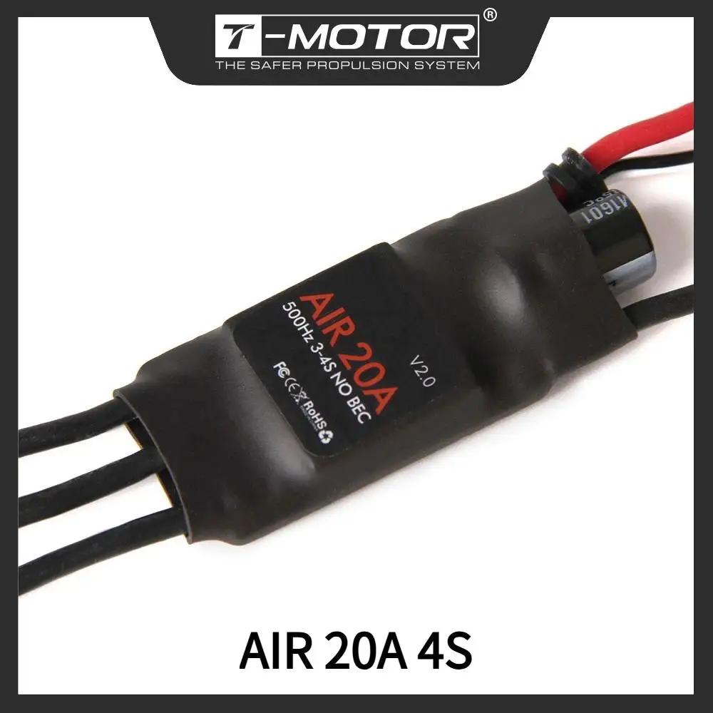 Vue de dessus du contrôleur de vitesse T-MOTOR Air 20A 3-4S montrant les connecteurs de batterie et moteur