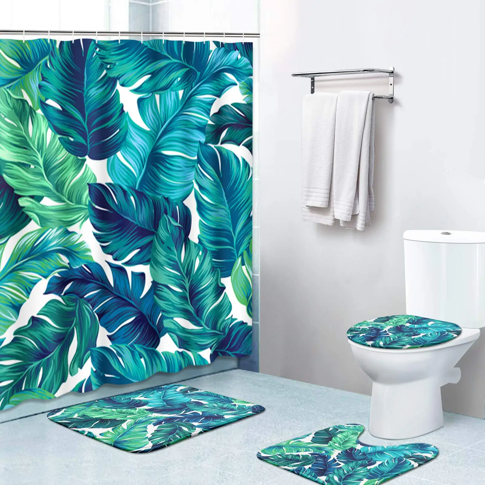 

Palm Leaf Shower Curtain Set Toilet Cover Mat Non-Slip Rug Bathroom Tropical Palm Plant Bathroom Curtain Botanical Floral Green