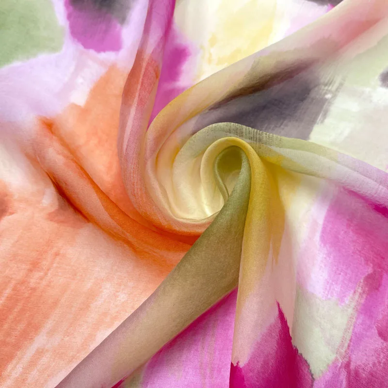 ElegantColorfulOilPaintingTieDyeMulberrySilkAndChiffonFabric