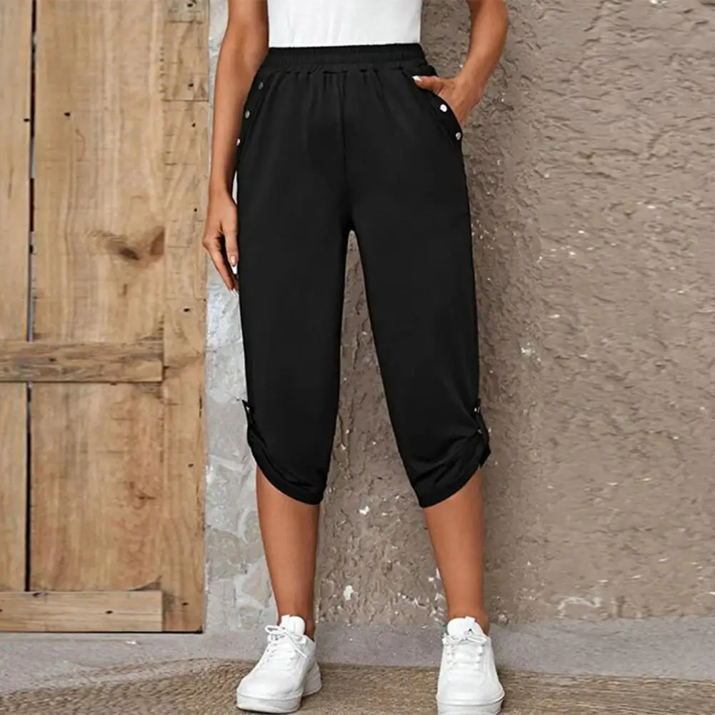 

Mid-rise Elastic Waistband Pockets Loose Fit Cropped Pants Women Summer Casual Mid-calf Length Pants