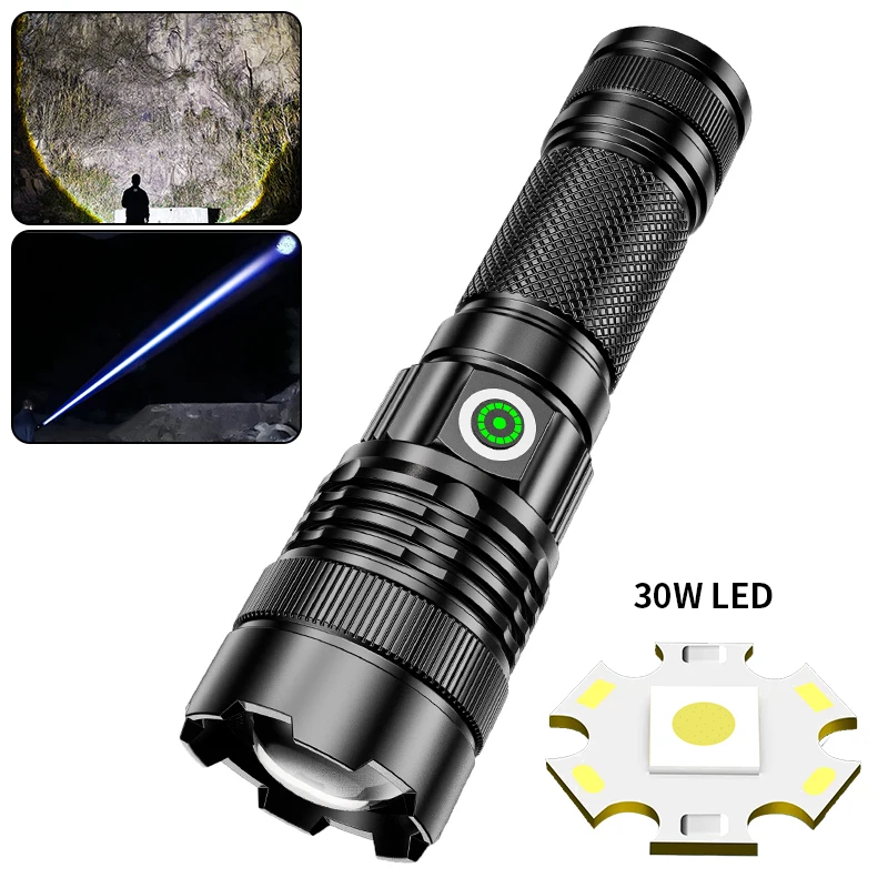 30W LED Powerful Flashlight Outdoor Waterproof Waterproof Lamp USB Rechargeable High Power Flashlights Telescopic Zoom