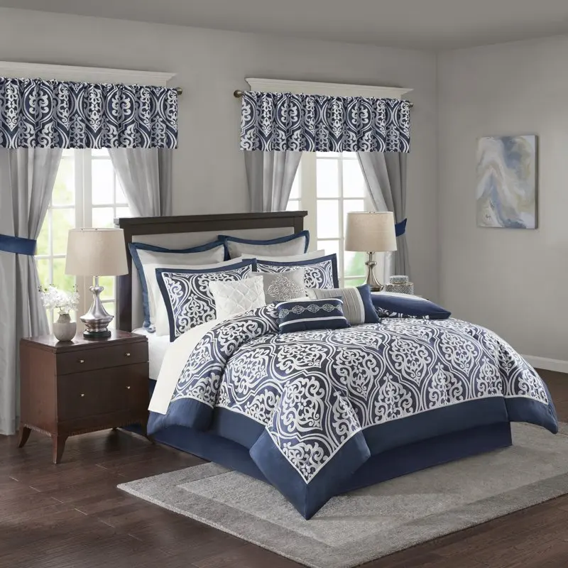 

Finley 24 Piece Bed in a Bag Bonus 2 Sets of Window Decor, Queen, Navy
