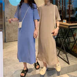Casual Summer Dresses For Women 2024 Solid Short Sleeve Open Side Long Khaki Black Dress Vestido Feminino