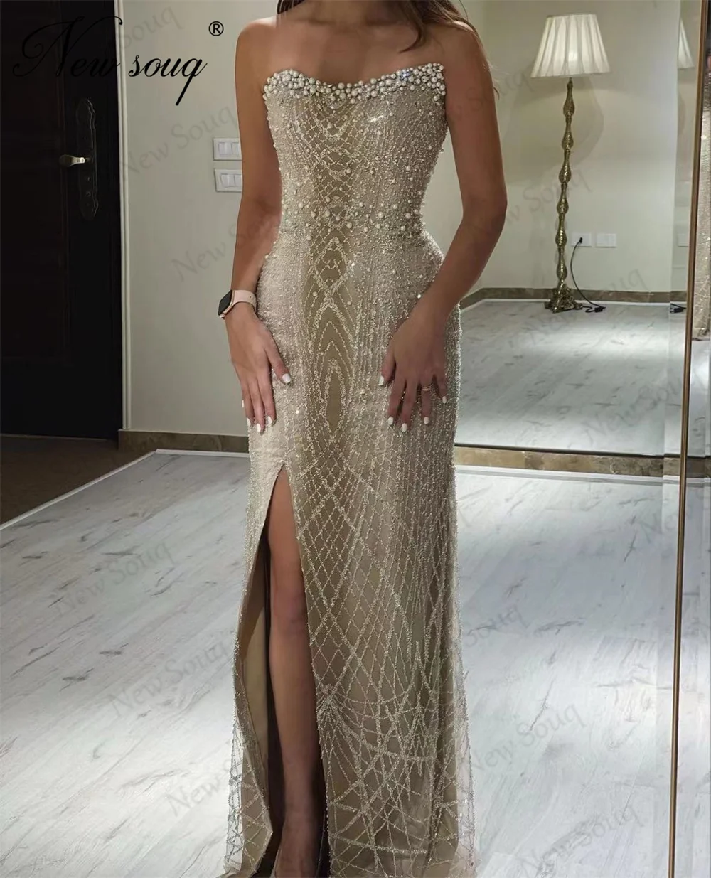 

Sparkly Sliver Beaded Celebrity Dresses Slit Side Formal Strapless Prom Dress For Women Evening Gowns Robes Dubai Party Night