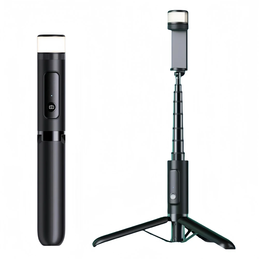 Portable All-In-One Selfie Stick with Hide Tripod Extendable Handle Fill Light & Anti-Shake Feature for Mobile Phone Photography