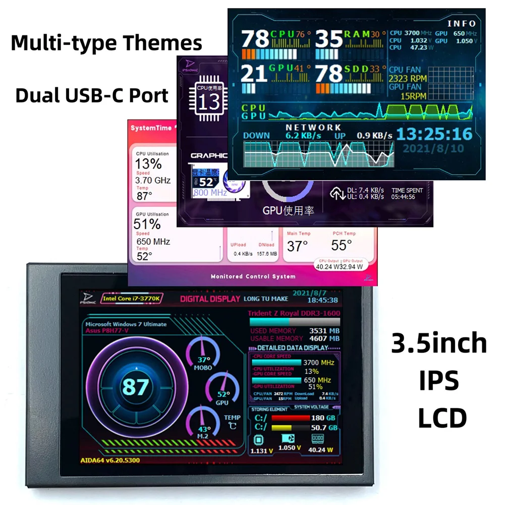 3.5 ġ ÷ ȭ , 320x480 AIDA64  ȭ, 2 USB-C Ʈ IPS,   ǻ ITX PC ̽