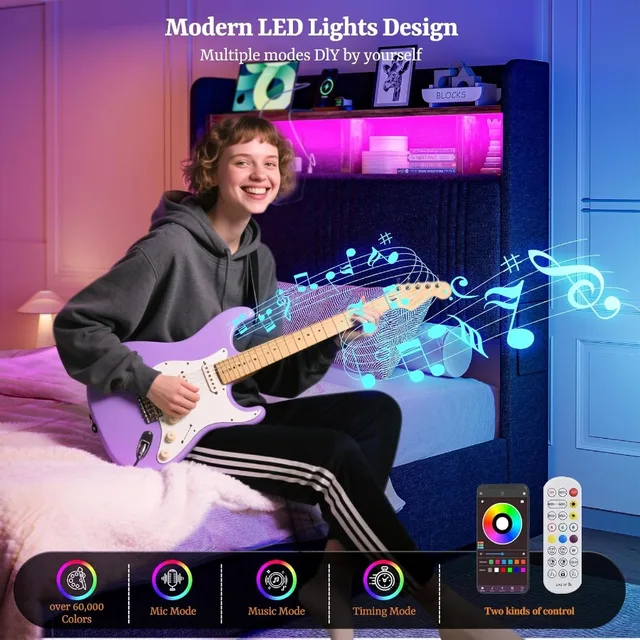 Twin XL Bed Frame with Storage & LED Headboard 5
