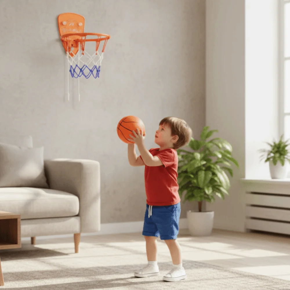 Foldable Baby Basketball Toy Set Cartoon Animal No-Drill Installation Toddler Basketball Hoop Inflatable Ball